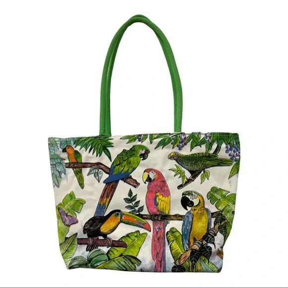 Vintage All Around Parrot Design Green & White Cloth Beach Bag Satchel Purse - Picture 2 of 5